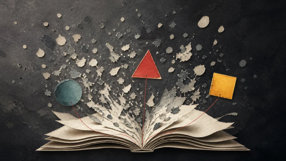 Открытая книга, от которой исчезают бумажные фрагменты, а три идеи остаются связанными